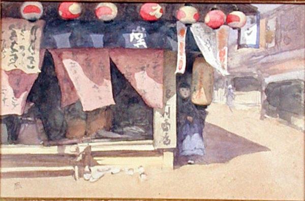 Fora de uma casa de chá, Japão, c.1887-88 (aguarela no cartão) de Mortimer Ludington Menpes