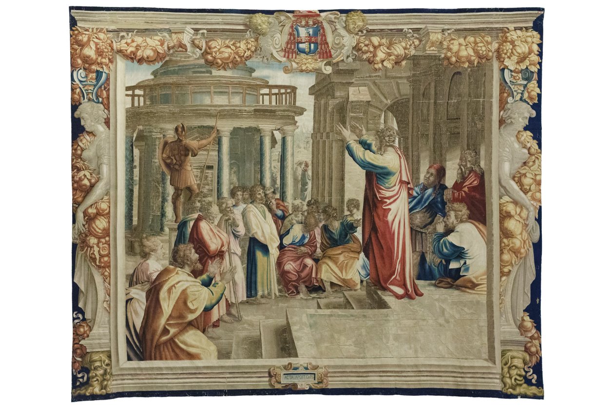 São Paulo pregando aos atenienses, c.1630 (tapeçaria sobre caricaturas de Rafael) de Mortlake Tapestry Manufactory