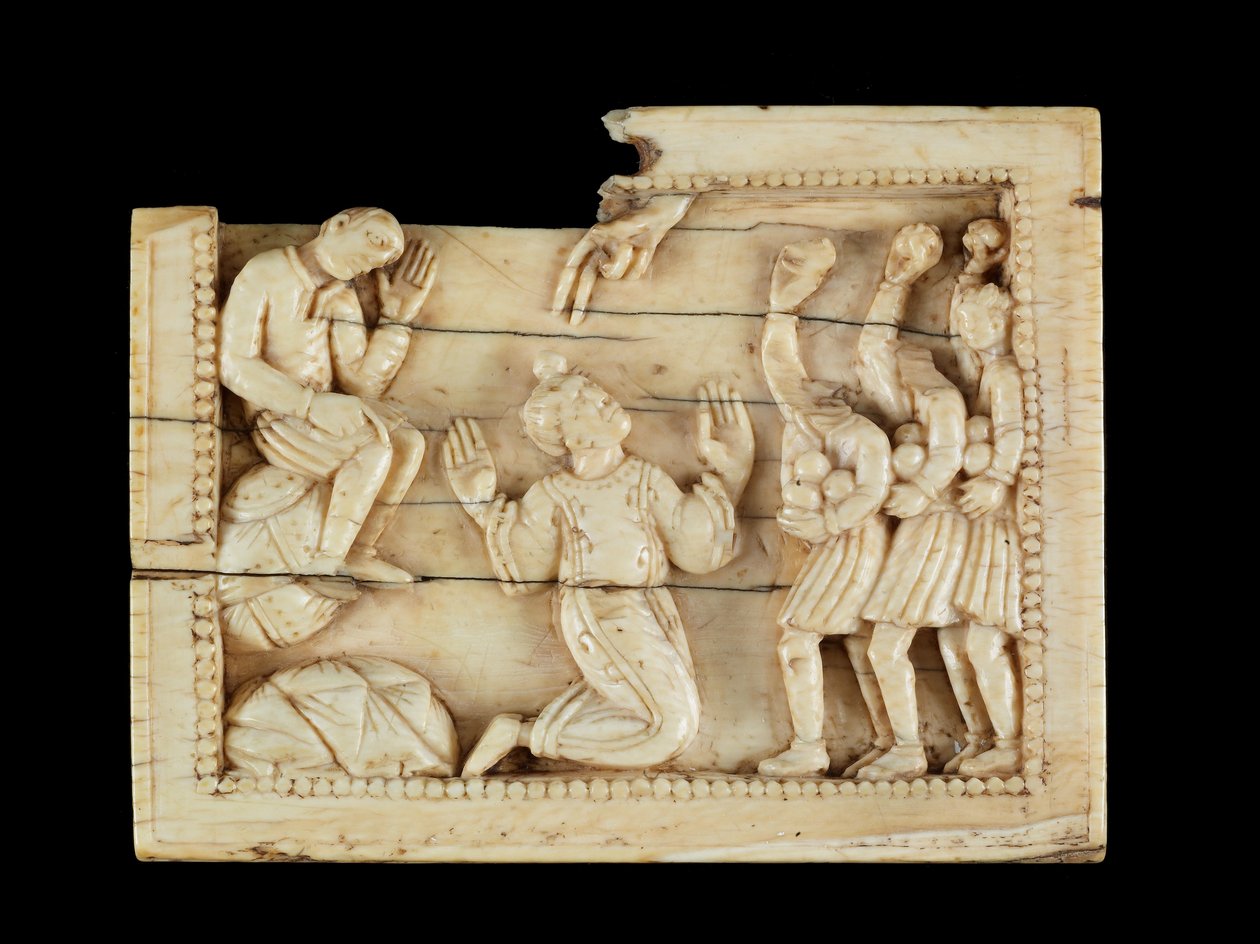 O apedrejamento de Santo Estêvão, c. 1100 (marfim e osso) de Mosan School
