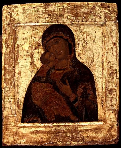 Ícone da Virgem de Vladimir, início do século XVII (folha de ouro e tempera em painel) de Moscow School
