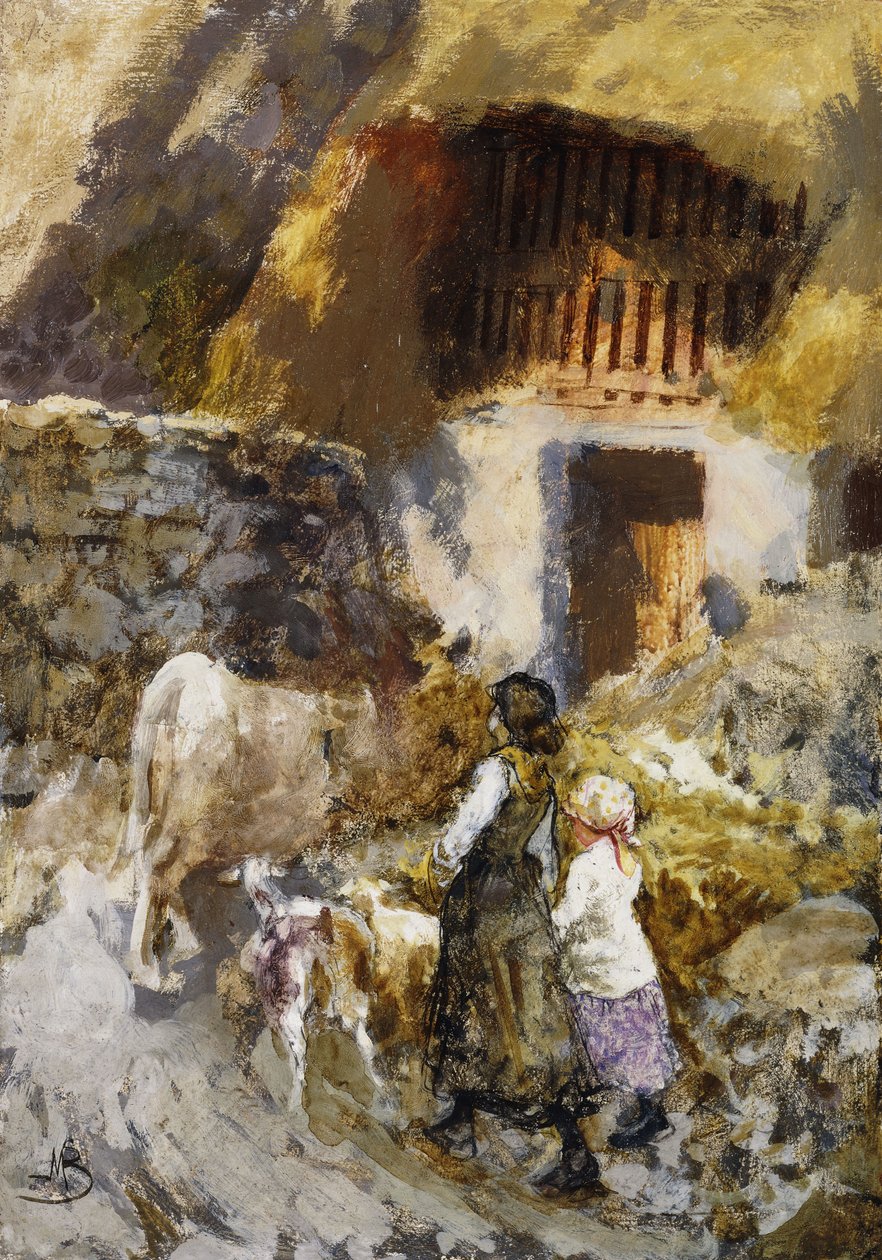 Meninas dirigindo animais para um celeiro, de Mose Bianchi