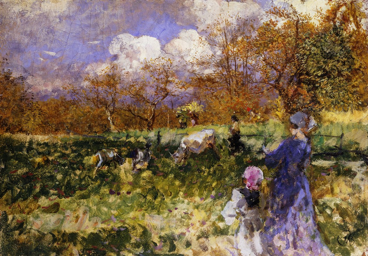 No campo; Mulheres e crianças dirigindo cabras, de Mose Bianchi