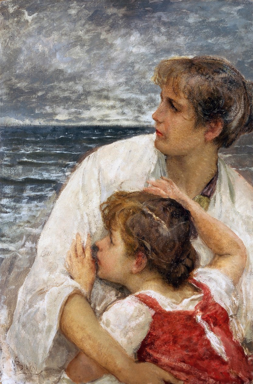 Maternidade, por Mose Bianchi (1840-1904), óleo a bordo, 75x49,5 cm de Mose Bianchi