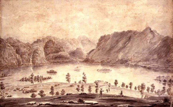 Vista panorâmica de Derwentwater e Vale de Keswick, detalhe do lado ocidental da Água Derwent, c.1772 de Moses Griffith