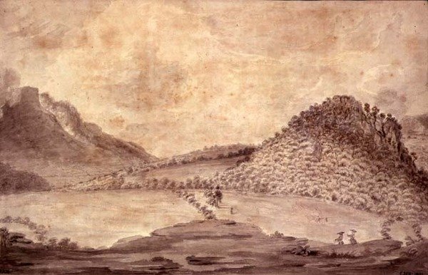 Vista panoramic, de, Derwentwater, e, a, vale, de, Keswick, detalhe, de, paisagem, incluindo, castelo, cabeça, c.1772 de Moses Griffith