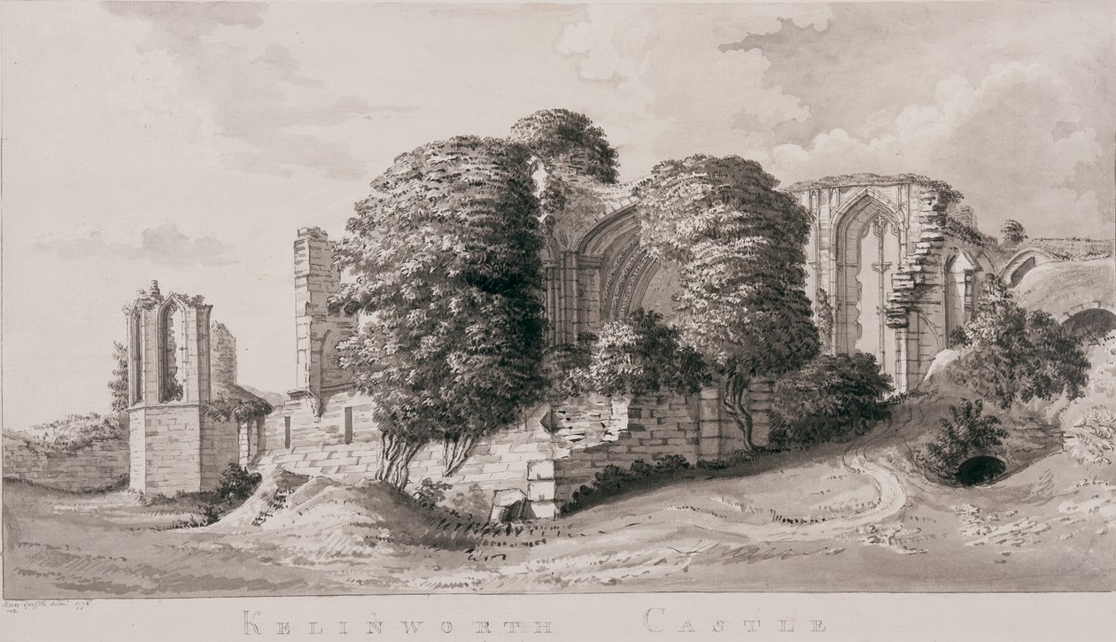 Castelo de Kenilworth, 1776 (caneta, pincel e tinta sobre papel) de Moses Griffith