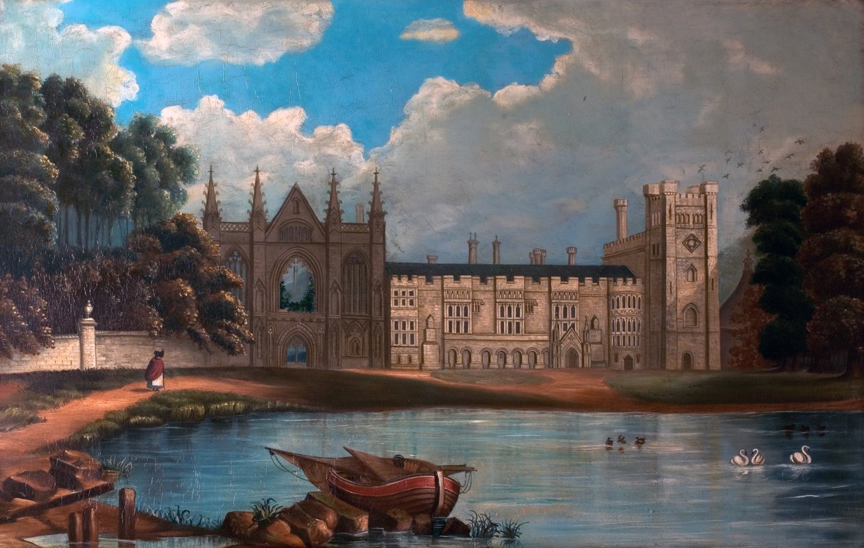 Vista oeste da Abadia de Newstead, Nottinghamshire, 1820-34 (óleo sobre madeira 65 x 101,5) de Moses after Webster