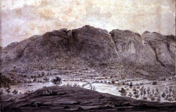 Vista Panorâmica de Derwentwater e do Vale de Keswick, detalhe das montanhas, c.1772 (lápis e lavagem em papel) (ver 92086-90) de Moses (attr. to) Griffith