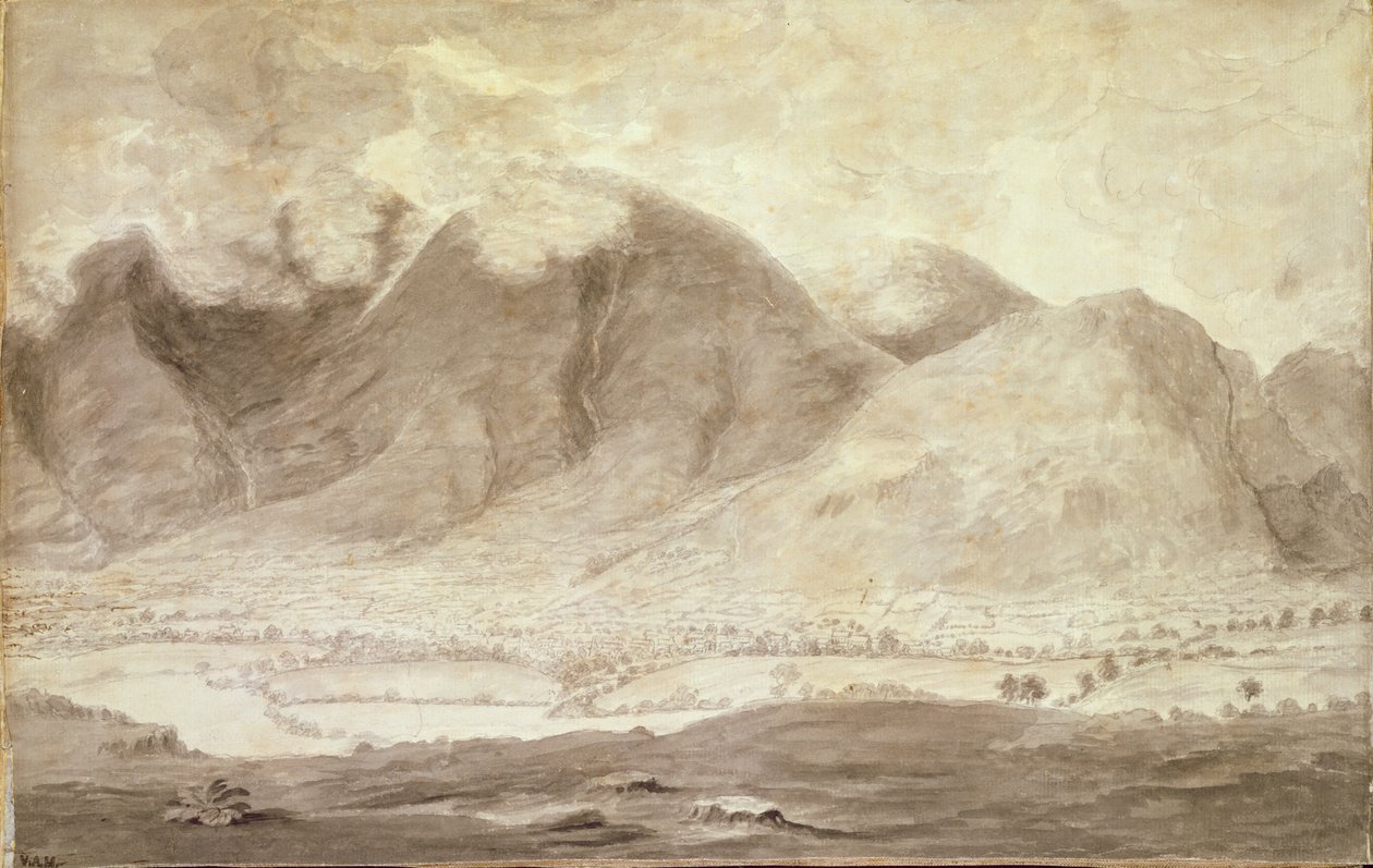Vista panorâmica de Derwentwater e Vale de Keswick, detalhe de Skiddaw e Keswick, c.1772 lápis e lavagem em papel, ver 92086-88 e 92090-91 de Moses Griffith