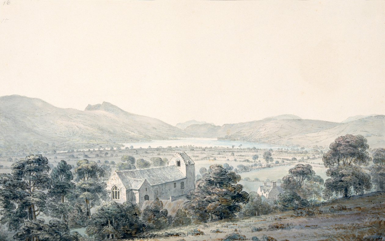 Vista da piscina de Bala, Llyntagit, a partir da igreja de Llanfawr, Meirionethshire de Moses Griffith