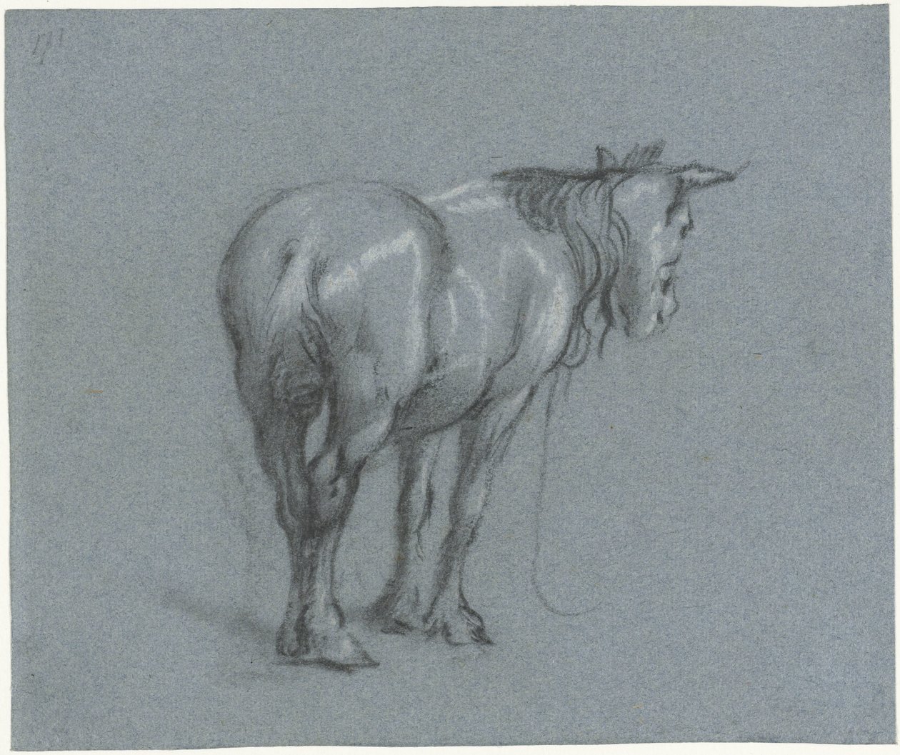 Estudo de um cavalo por trás, à direita Cavalos de batalha em pé (título da série) de Moses Ter Borch