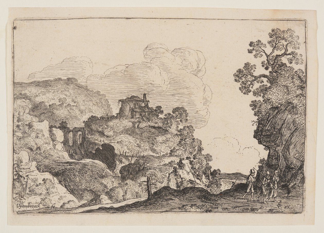 Paisagem rochosa com três viajantes de Moses van Uyttenbroeck