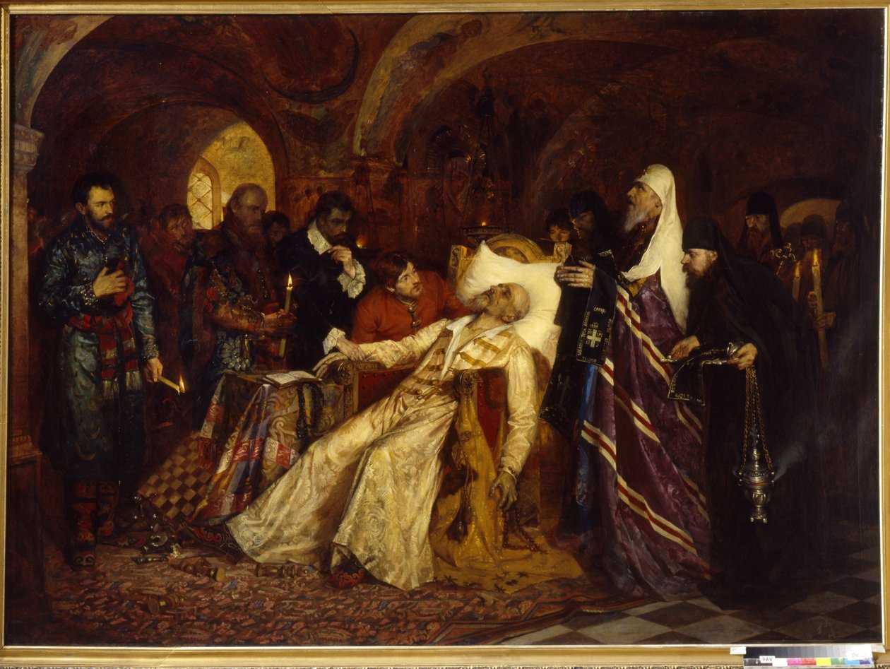 O Metropolita consagra o Czar Ivan Iv da Rússia, conhecido como O Terrível (1530-1584) (O Metropolita consagra o Czar Ivan, o Terrível, ao Grande Esquema). Pintura por Moisei Lvovich Maimon (1860-1924), óleo sobre tela de Moshe Maimon