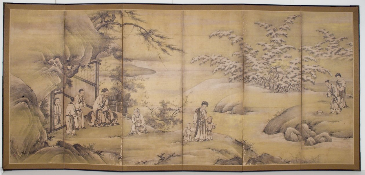 Cenas de 24 Paragons Of Filial Piety (tinta e pigmento dourado sobre papel) de Motonobu Kano