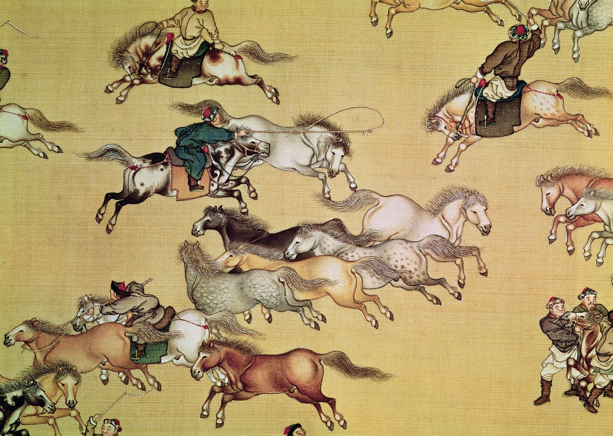 Viagem, de, imperador, Qianlong, (1736-96), detalhe, de, um, scroll, dinastia qing, (painted, silk) de Mou Lan