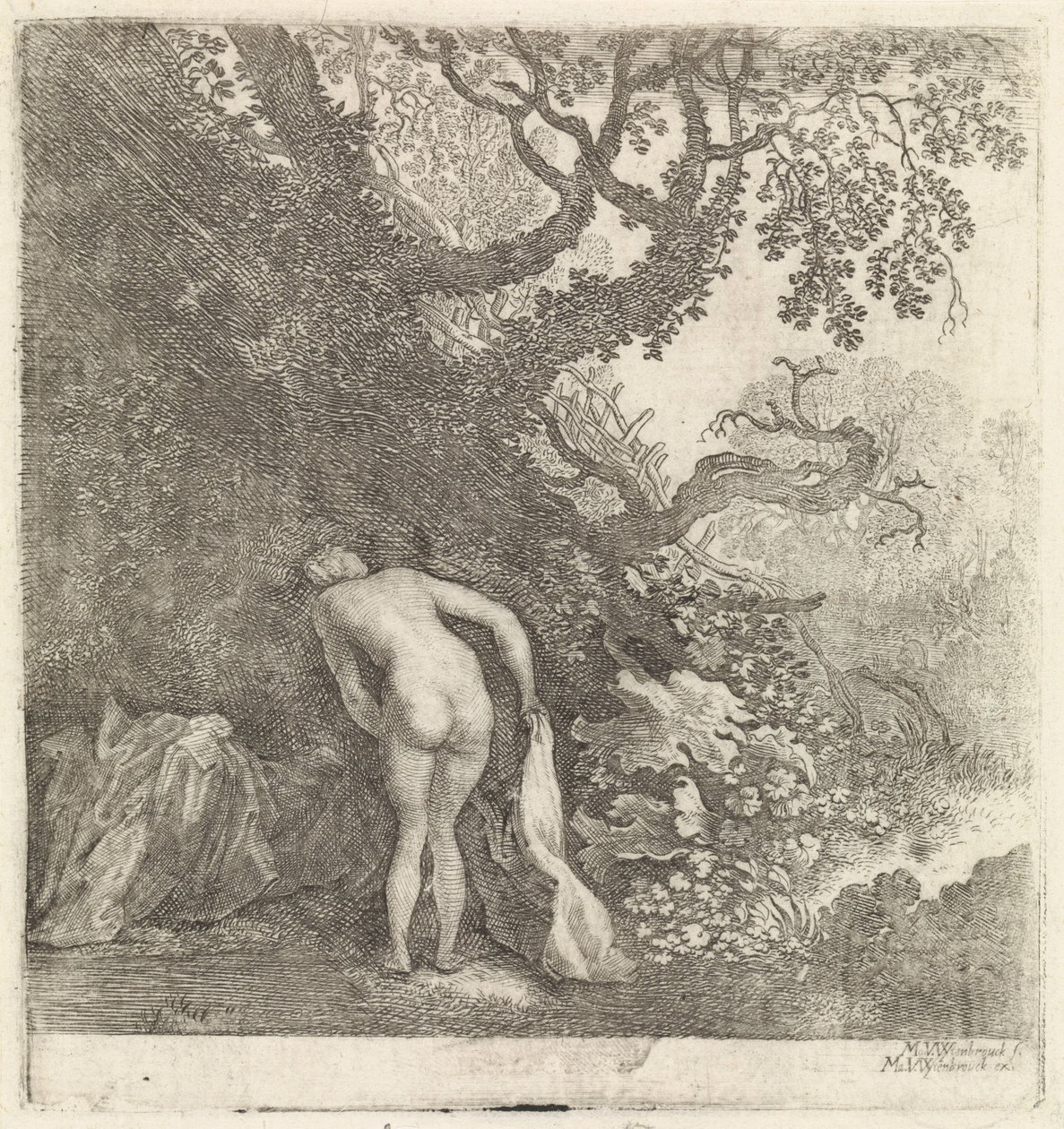 Mulher tomando banho, vista por trás de Moyses van Wtenbrouck