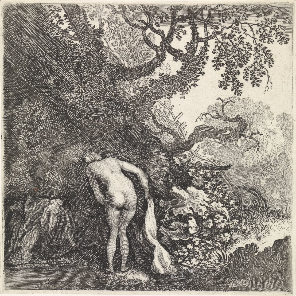 Mulher tomando banho, vista por trás de Moyses van Wtenbrouck
