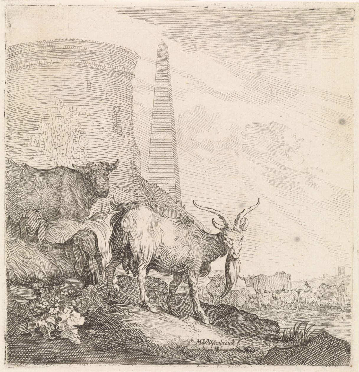 Cabras e vacas por uma torre redonda com um obelisco Animais de quatro patas (título da série) de Moyses van Wtenbrouck