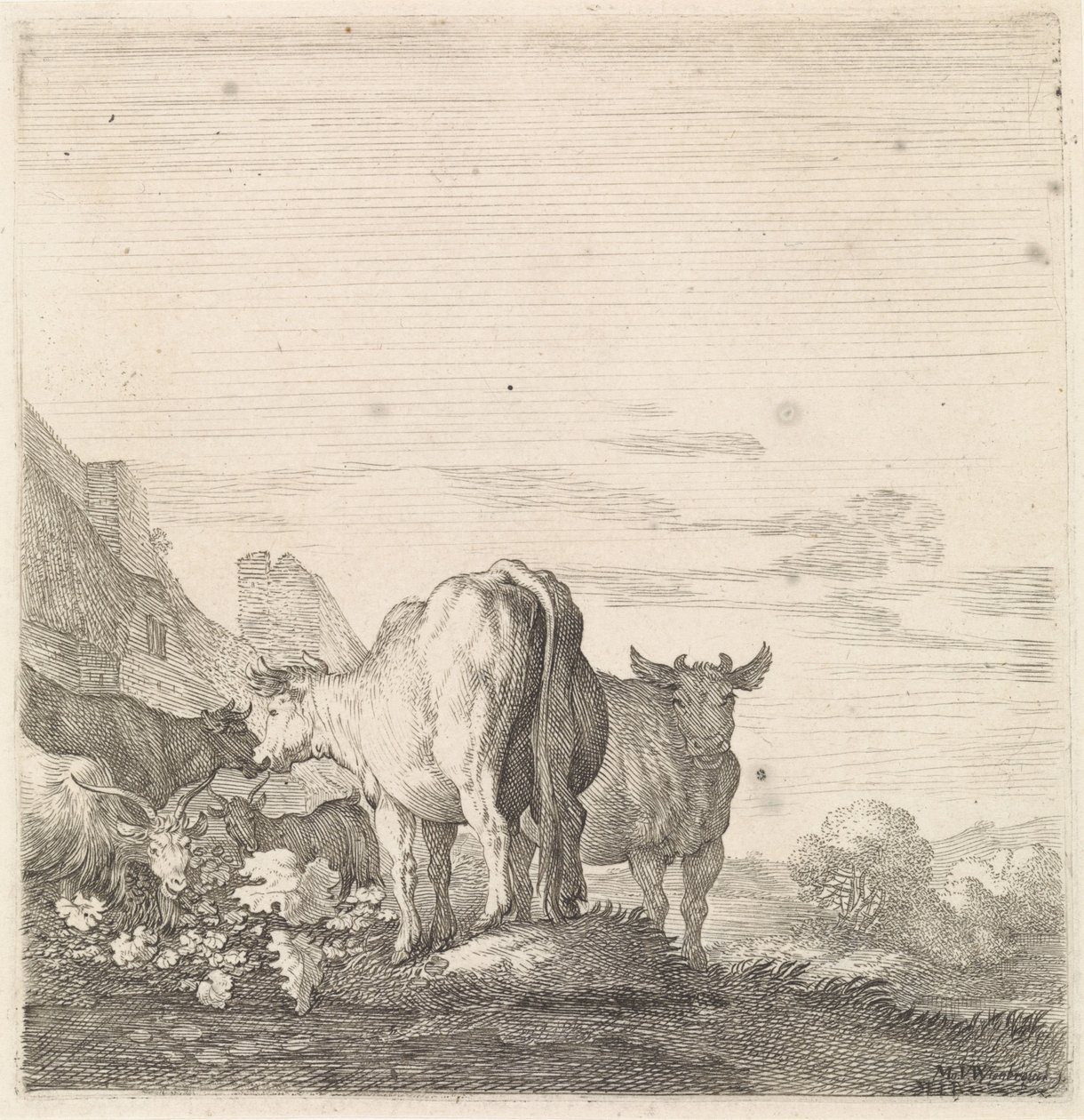 Vacas e cabras em uma paisagem com casas Animais de quatro patas (título da série) de Moyses van Wtenbrouck