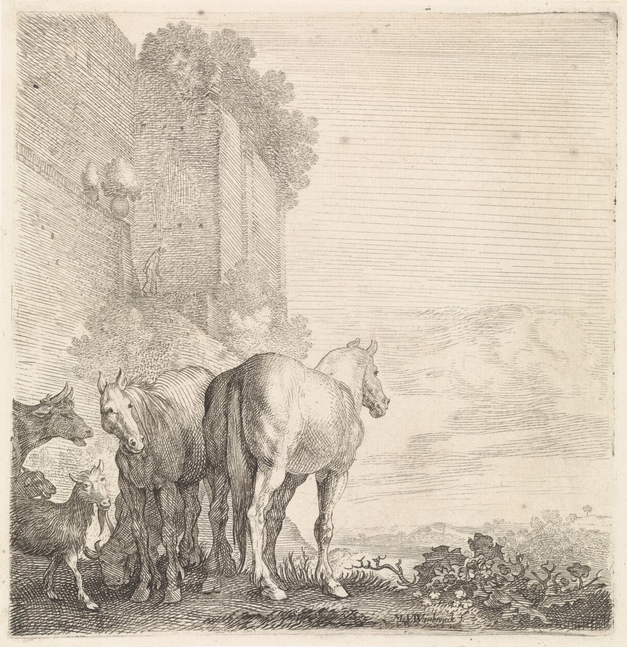 Dois cavalos com cabras e uma vaca em um muro alto (da cidade) Animais de quatro patas (título da série) de Moyses van Wtenbrouck