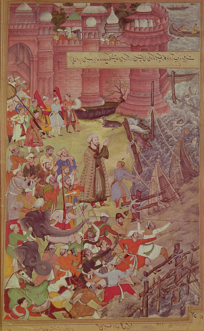 Uma ponte de barcos quebrados por Akbar (r.1556-1605) em seu elefante enquanto atravessava o rio Jumna, a partir do Akbarnama, c.1590, a página do lado direito de uma página dupla (ver 99482) de Mughal School