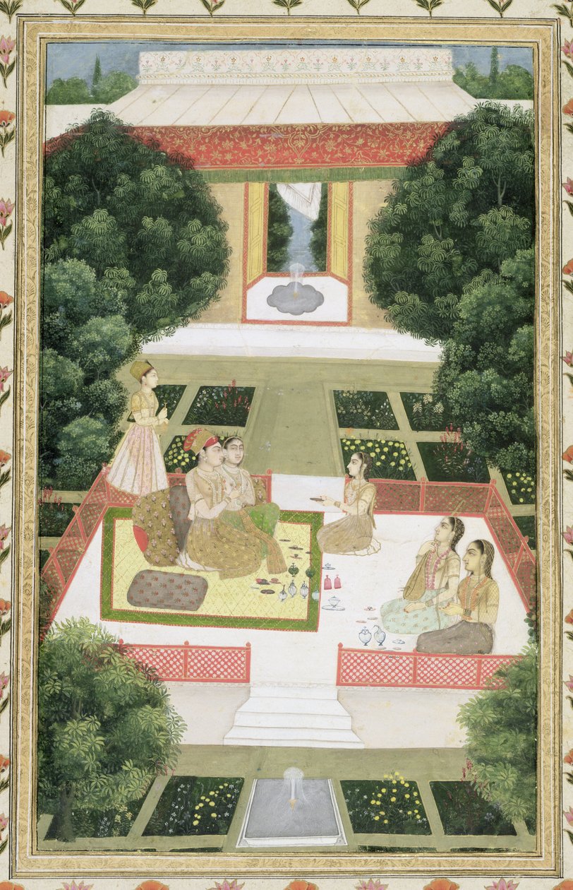 Um casal em um jardim ouvindo música com atendentes femininos, do Small Clive Album (wc opaco no papel) de Mughal School