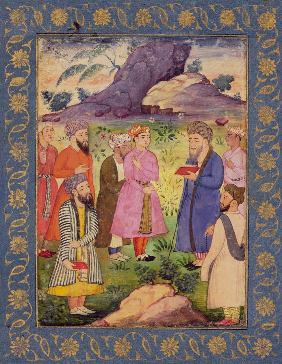 Um jovem nobre com atendentes em uma paisagem, do Álbum Large Clive, c.1605 (wc opaco no papel) de Mughal School