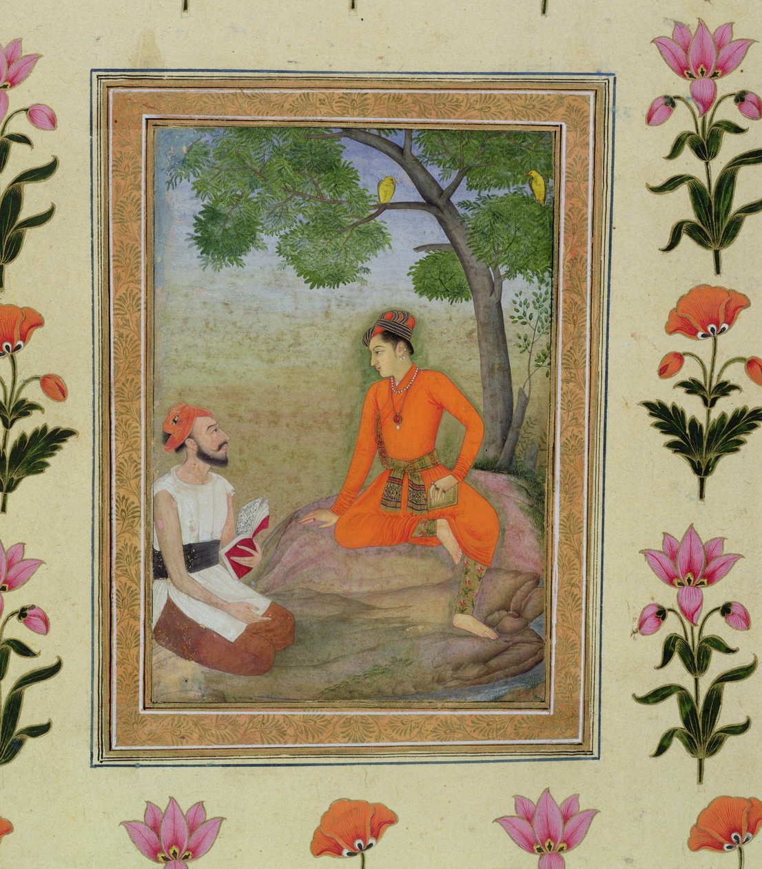 Um príncipe em discussão com um homem religioso segurando um livro, do Small Clive Album de Mughal School
