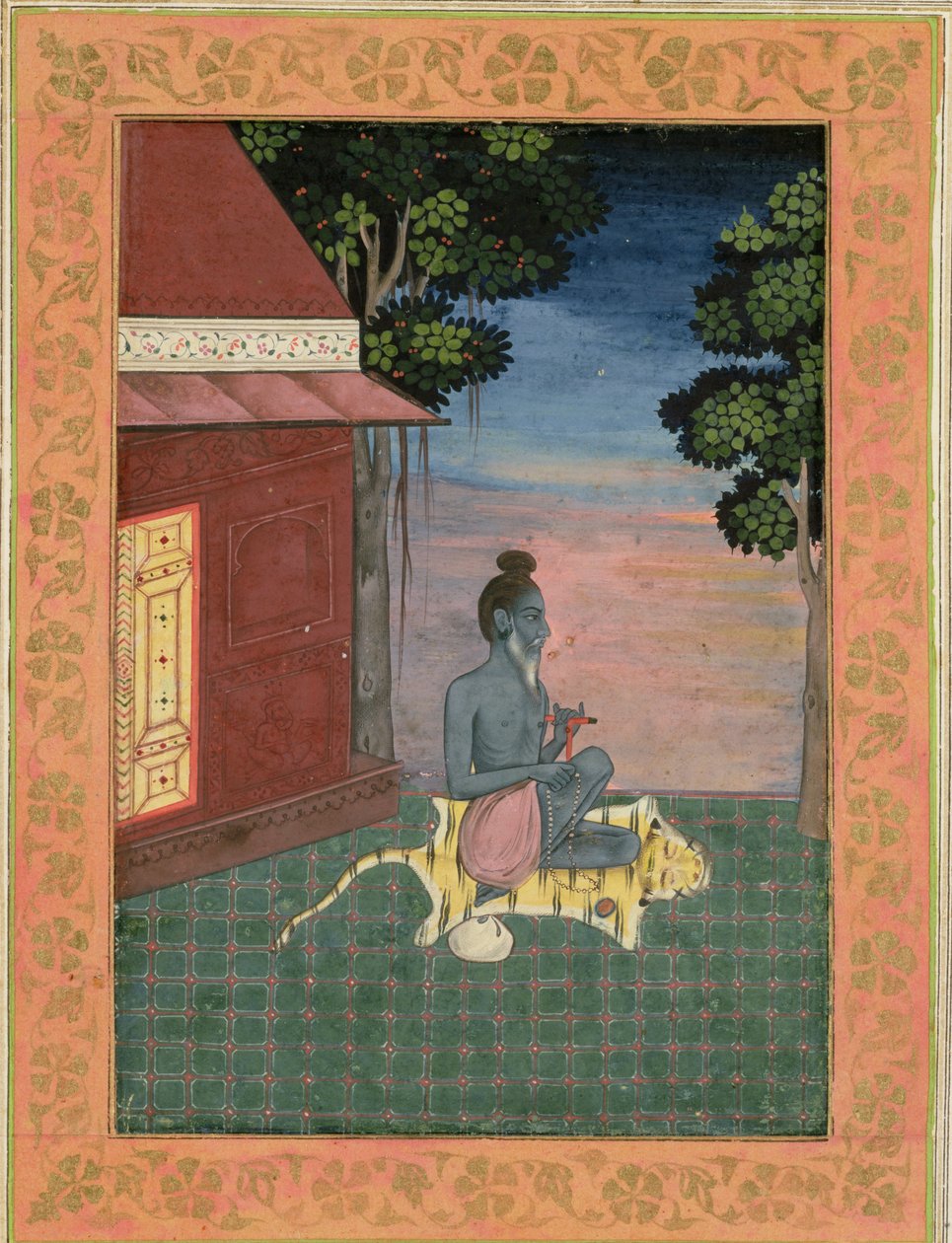 Asceta envelhecido sentado em uma pele de tigre fora de um edifício, a partir do Álbum Large Clive, c.1670 de Mughal School