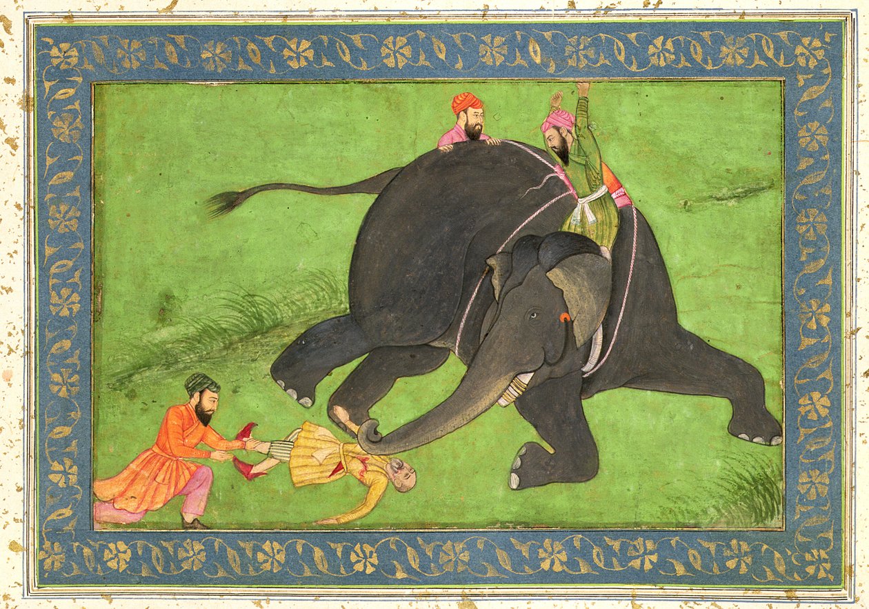 Atendentes resgatam um homem caído de um elefante enfurecido, do Álbum Large Clive de Mughal School