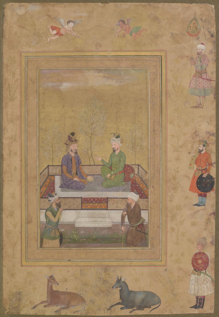 Babur e Humayun com cortesãos, do falecido Álbum de Shah Jahan, folio manuscrito destacado, c.1640 de Mughal School