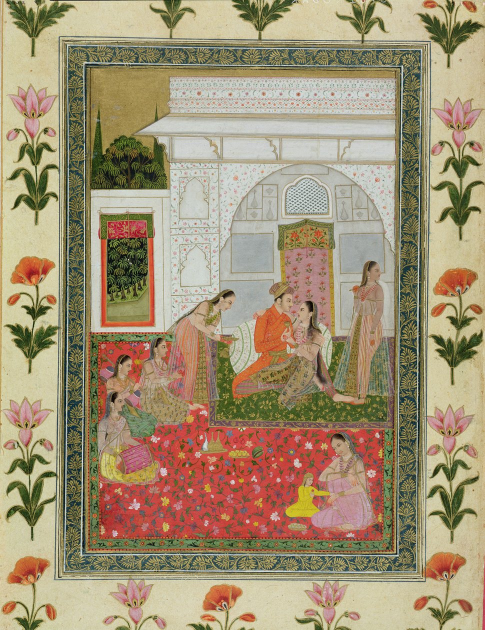 Casal com atendentes e músicos do álbum Small Clive de Mughal School