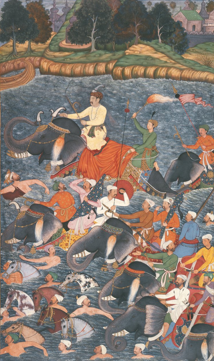 Imperador Akbar (r.1556-1605) que cruza o rio Ganges em 1567, do &39;Akbarnama&39; feito por Abu&39;l Fazi, 1590-98 (wc opaco e ouro no papel) de Mughal School