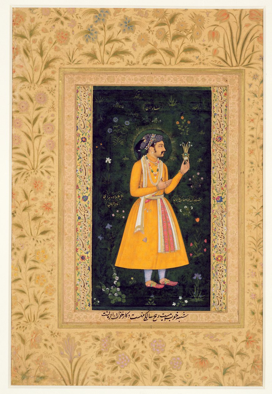 Imperador Shah Jahan (1592-1666) (r.1627-1658) como Príncipe, c.1616 (guache em pergaminho) de Mughal School