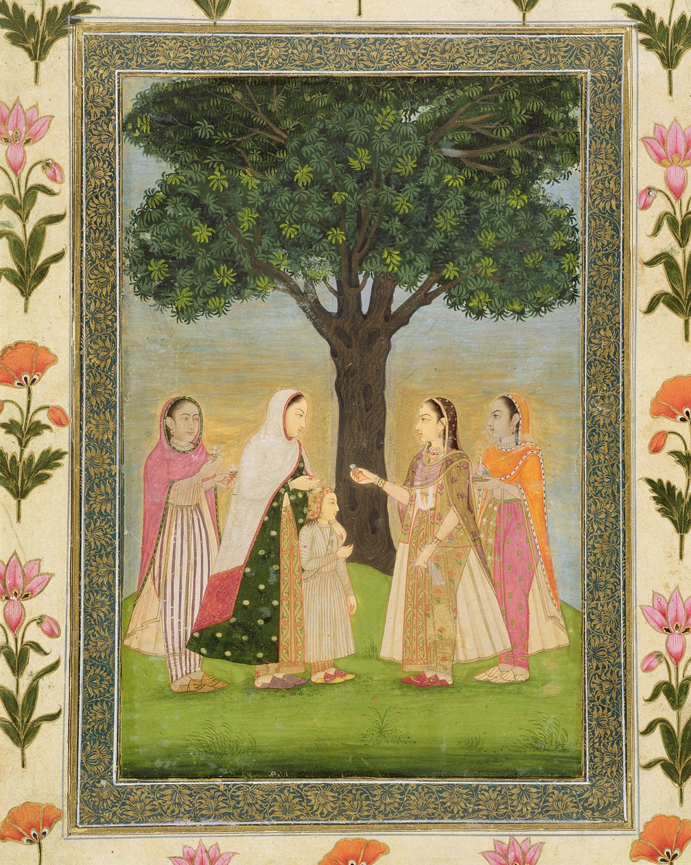 Quatro senhoras se encontram por uma árvore, do álbum Small Clive (wc opaco no papel) de Mughal School