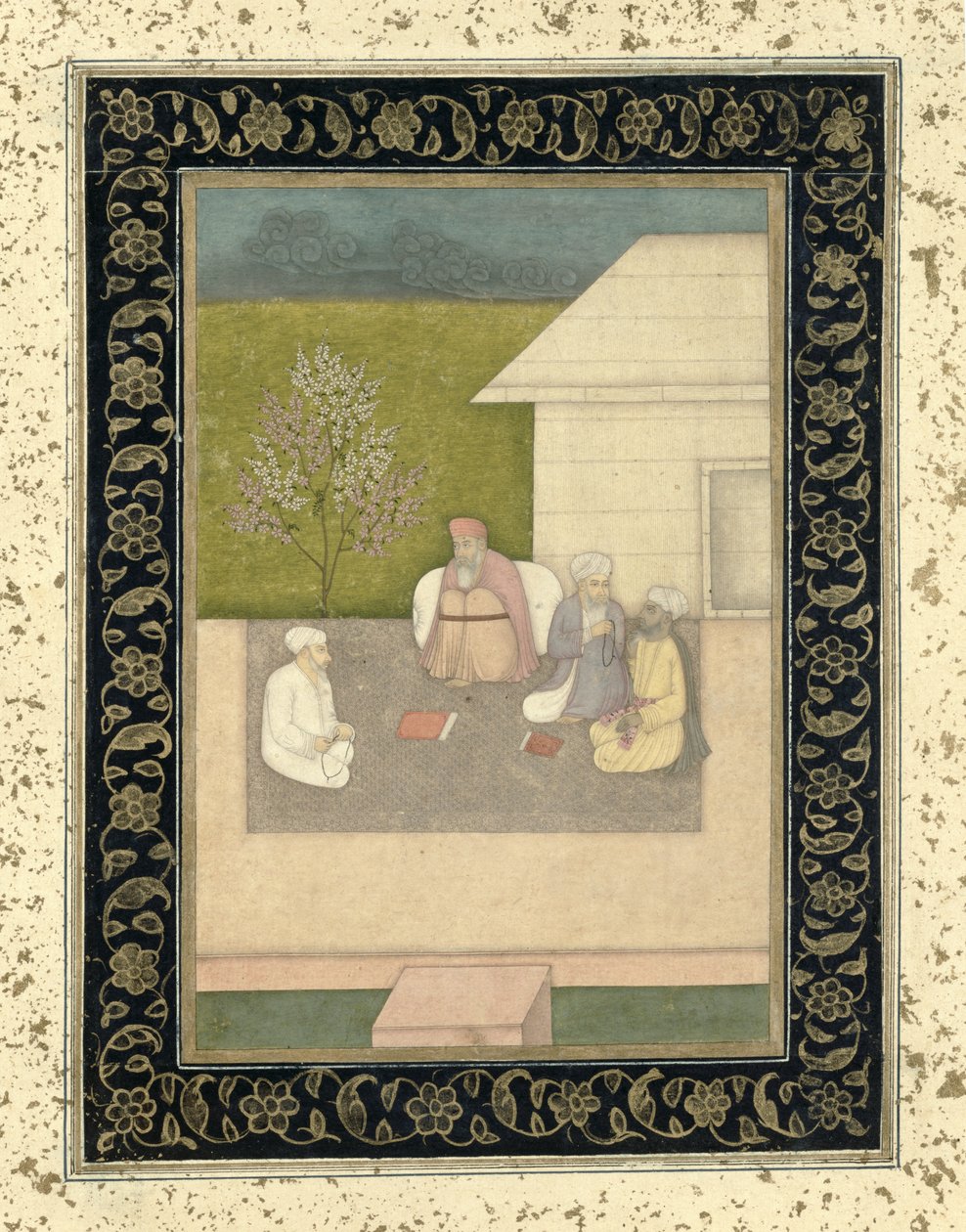 Quatro homens santos muçulmanos sentados em meditação fora de uma cabana, do álbum Large Clive de Mughal School