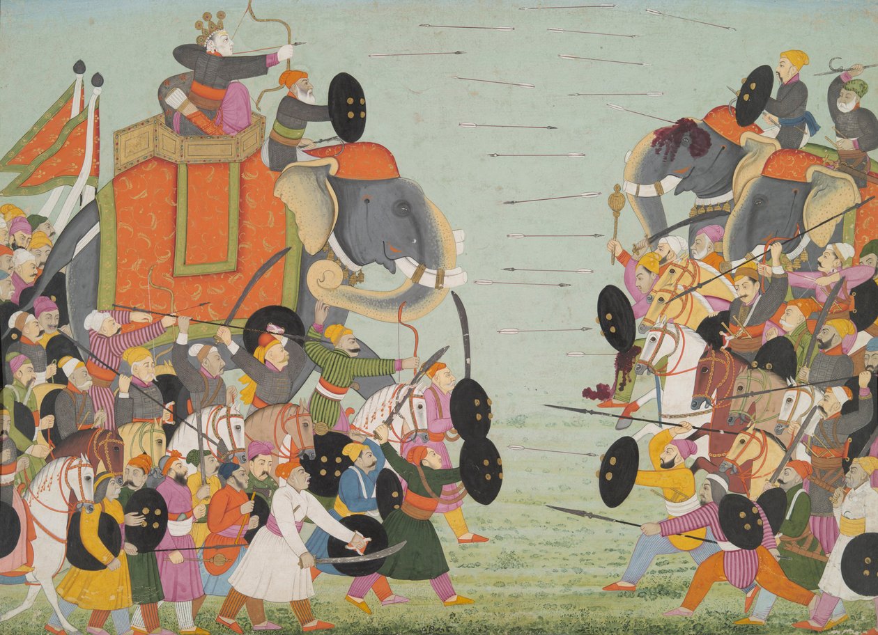 Ilustração de uma série Bhagavata Purana, livro 10, batalha entre Balarama e Jarasandha, 1760-65 (wc e ouro no papel) de Mughal School