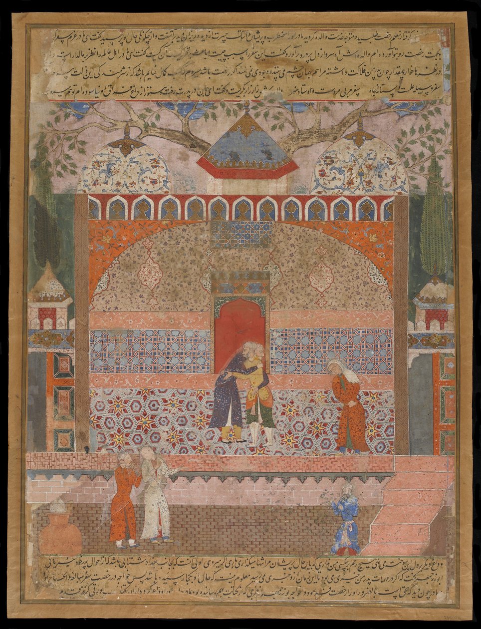 Khawja Buzurjmihr faz a licença de sua mãe idosa para sair ao mundo e buscar reparação, do Hamzanama, fólio manuscrito, c.1560-65 de Mughal School