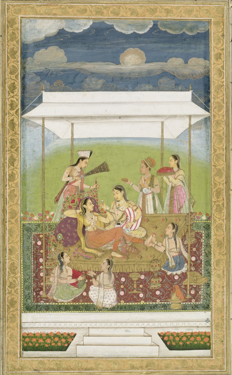 Senhoras ouvindo música em um jardim, do Small Clive Album (wc opaco no papel) de Mughal School