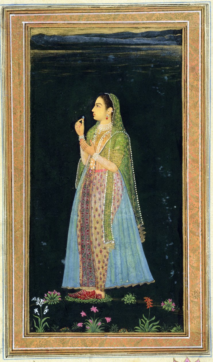 Lady segurando uma flor, do álbum Small Clive (wc opaco no papel) de Mughal School