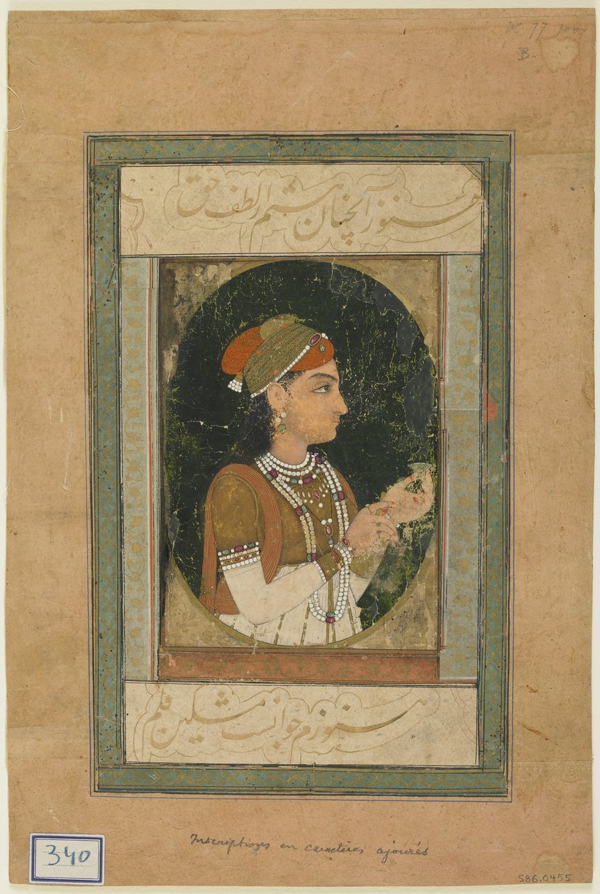 Retrato de uma princesa, álbum folio com pintura, meados do século XVIII de Mughal School