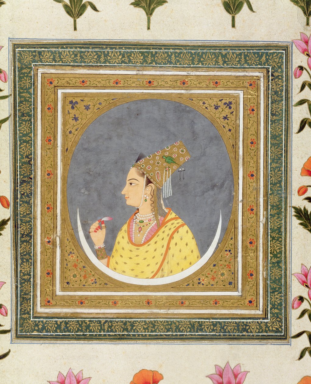 Retrato de uma senhora segurando uma pétala de lótus, do álbum Small Clive, c.1750-60 de Mughal School