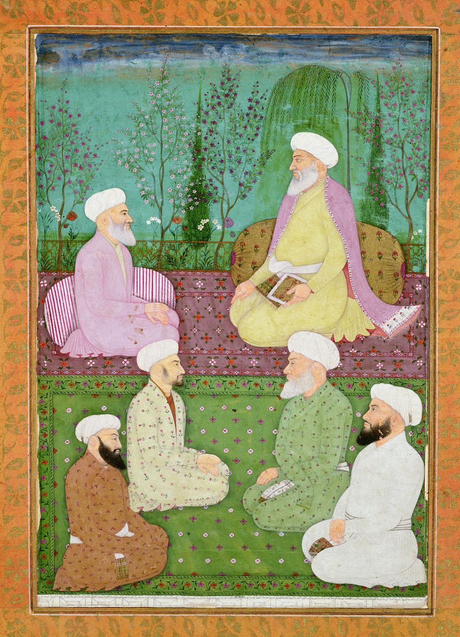 Seis homens sagrados muçulmanos sentados em um terraço no jardim, do Álbum Large Clive de Mughal School