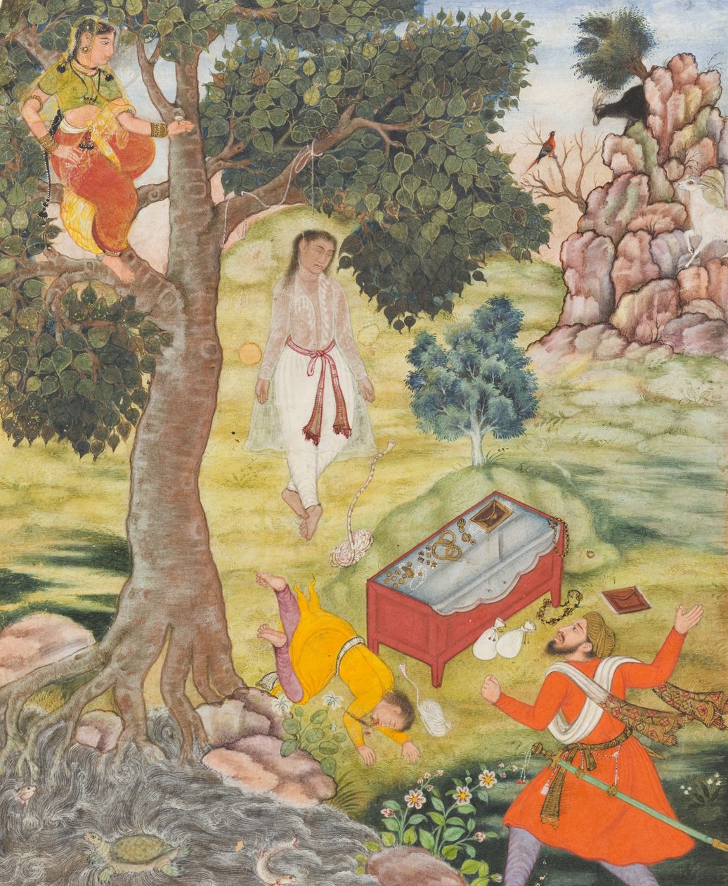 Conto do siddhikari astuto, c.1590 (aquarela opaca, ouro e tinta sobre papel) de Mughal School