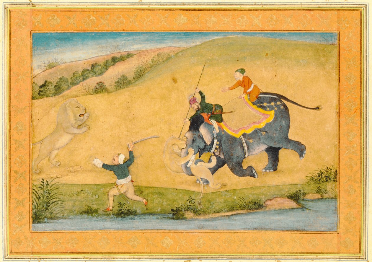 Caça ao Leão de Três Homens, do Álbum Large Clive de Mughal School
