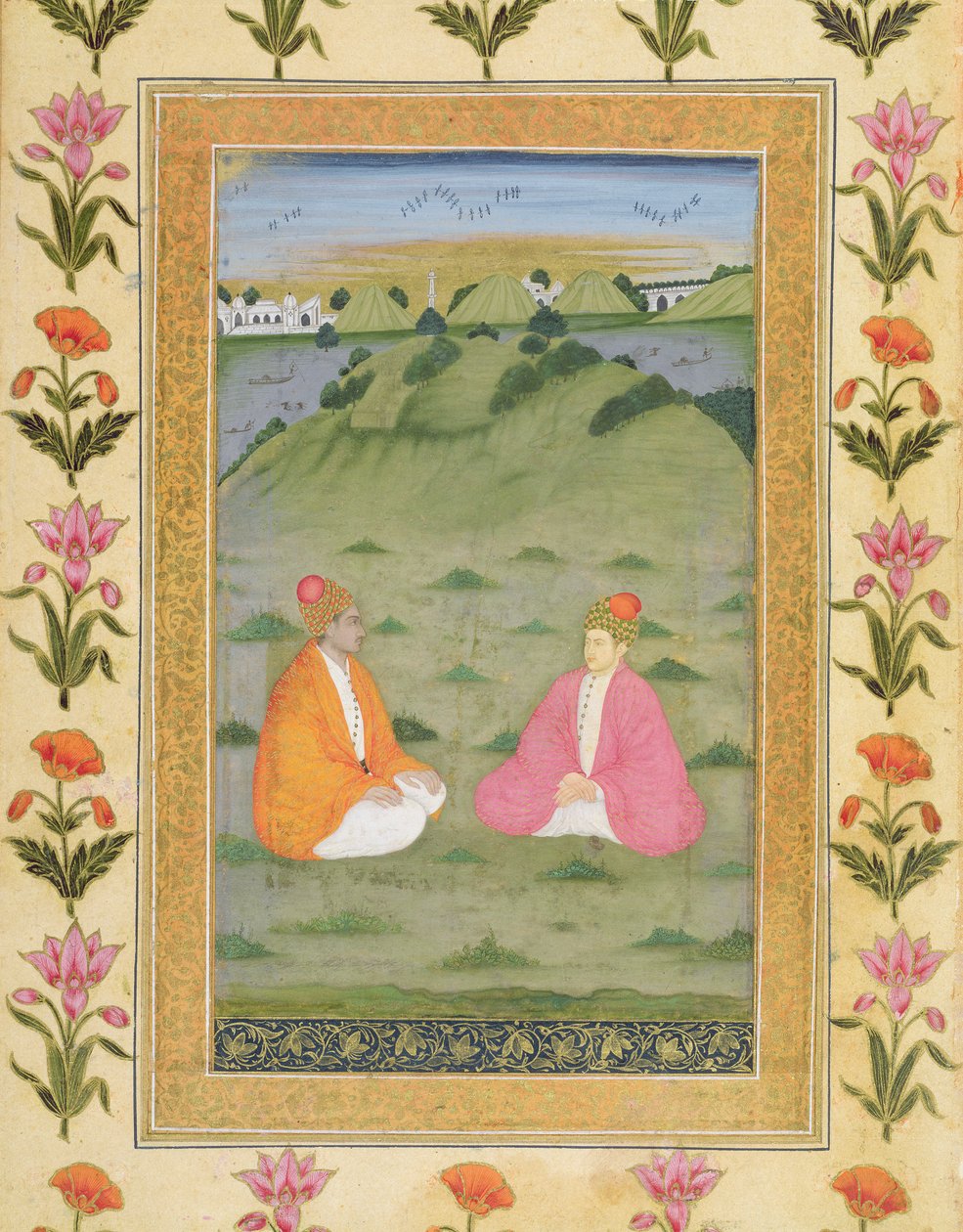 Dois nobres sentados em uma paisagem, do Small Clive Album (wc opaco no papel) de Mughal School