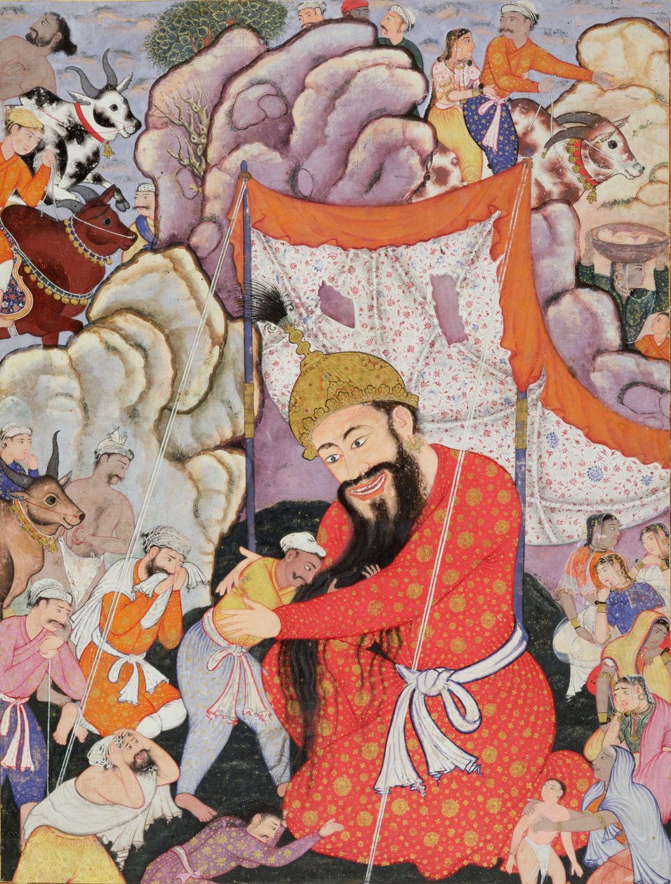 Zumurrud Shah alcança o pé de uma enorme montanha e é ingressado por Raim Blood-Drinker e Yaqut Shining, 1557-72 (wc e folha de ouro em algodão) de Mughal School
