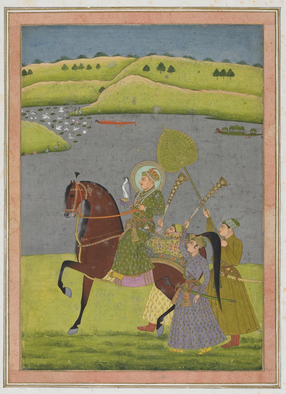 Retrato equestre de Muhammad Shah, do álbum Impey, folio manuscrito destacado, c.1730 (aquarela opaca e ouro sobre papel) de Mughal School