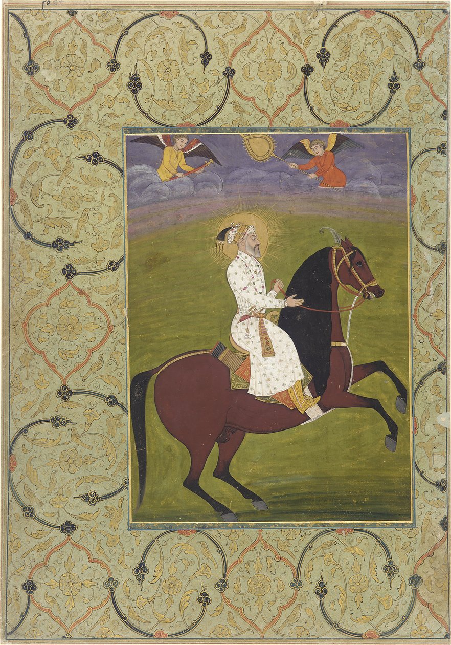 Retrato equestre de Shahjahan (r. 1628-58), álbum folclórico destacado, 1750-1770 (aquarela opaca sobre papel) de Mughal School