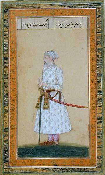 Um Príncipe com uma espada, do Pequeno Álbum Clive (aguarela opaca sobre papel) de Mughal School